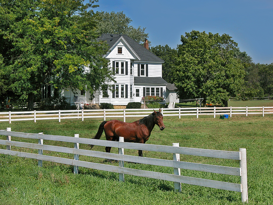 Victorian Country Home with fenced pasture, horse in pasture, beautiful summer day